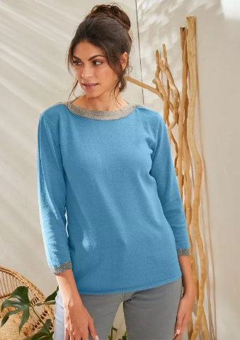 Dvoubarevný pulovr s lodičkovým výstřihem, třpytivé vlákno bledě modrá 52
