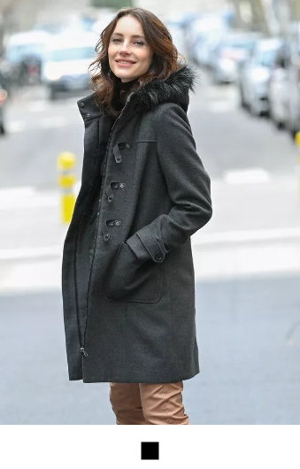 Jednobarevný kabát duffle-coat s kapucí antracitový melír 38
