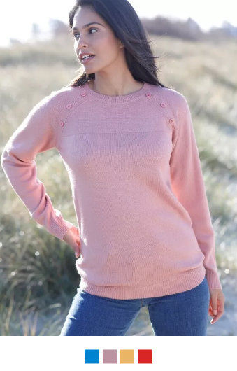 Jednobarevný pulovr s knoflíky na ramenou růžové dřevo 34/36