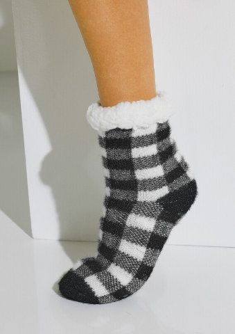 Bačkorové ponožky s kožešinovou imitací, kostkovaný design černá/bílá 36/37