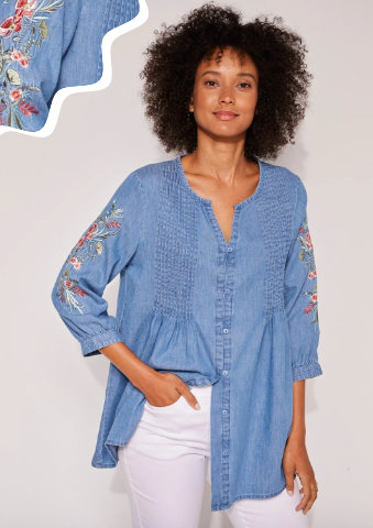Tunika na knoflíčky se sklady, denim s výšivkou
