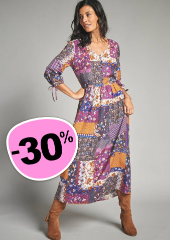 Dlouhé šaty s výstřihem do V a patchwork potiskem