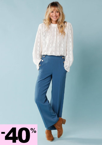 Široké kalhoty s vysoký pasem a ozdobnými knoflíky, pro malou postavu