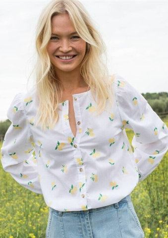 Halenka na knoflíčky s potiskem citrónů a kulatým výstřihem
