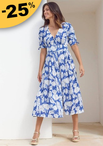 Dlouhé rozšířené šaty na knoflíky, kreponové s potiskem