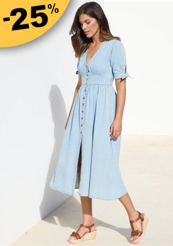 Dlouhé rozšířené šaty na knoflíky, denimové