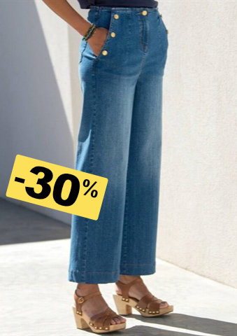 Džíny do zvonu s vysokým pasem a ozdobnými knoflíky