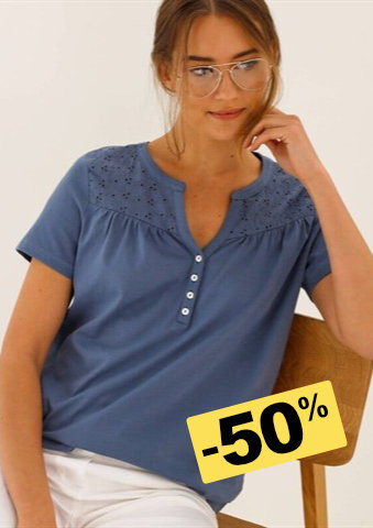 Tričko s výstřihem na knoflíčky, krátkými rukávy a madeirou