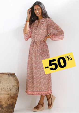 Dlouhé voálové šaty se širokými rukávy a potiskem