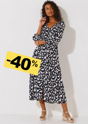 Jednobarevné dlouhé kreponové šaty na knoflíky, s dvoubarevným potiskem